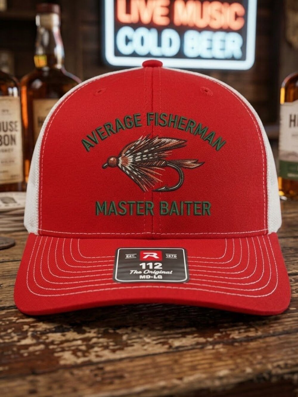 Average Fisherman Master Baiter Red White Richardson 112 Snapback Hat Retro 80s